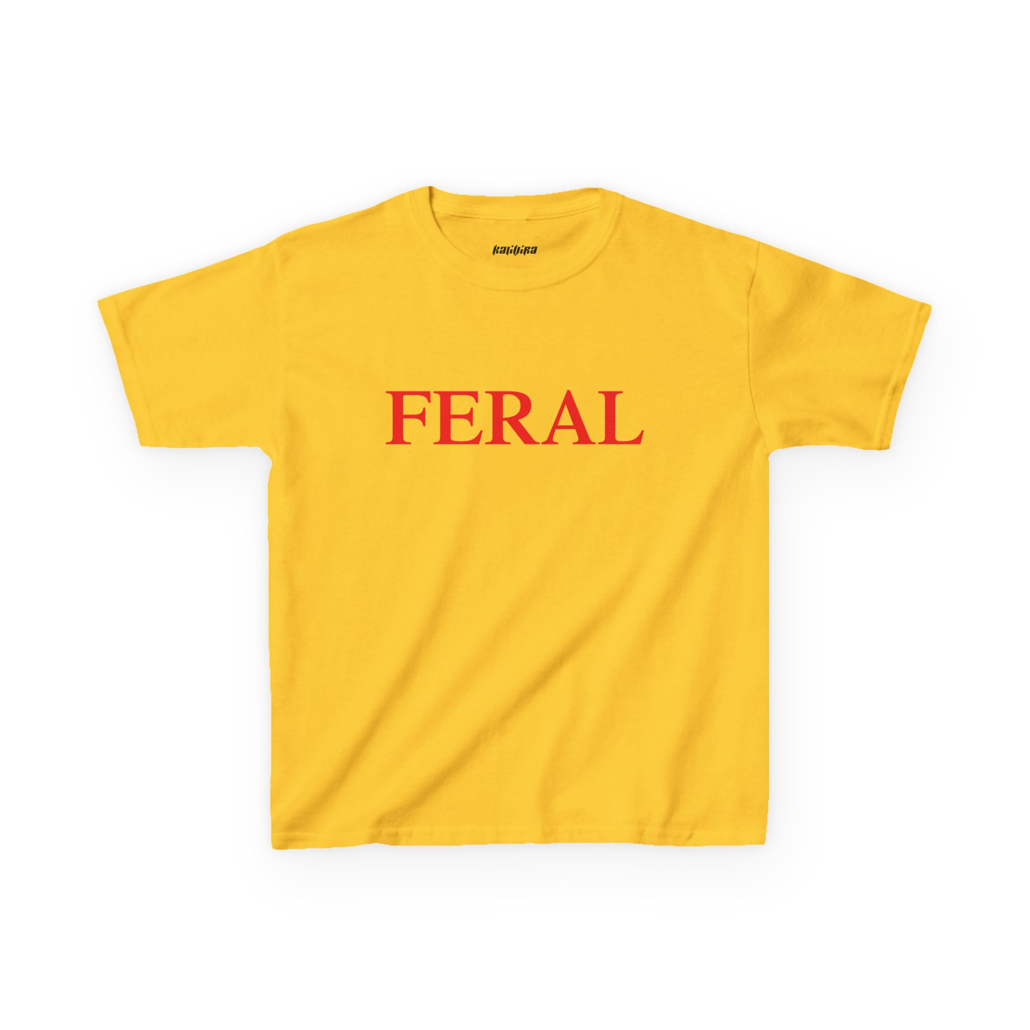 Yellow Daisy Feral baby tee with red uppercase serif lettering centered across the chest.