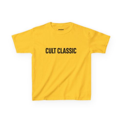 Daisy Yellow Cult Classic baby tee with bold black uppercase lettering centered across the chest.