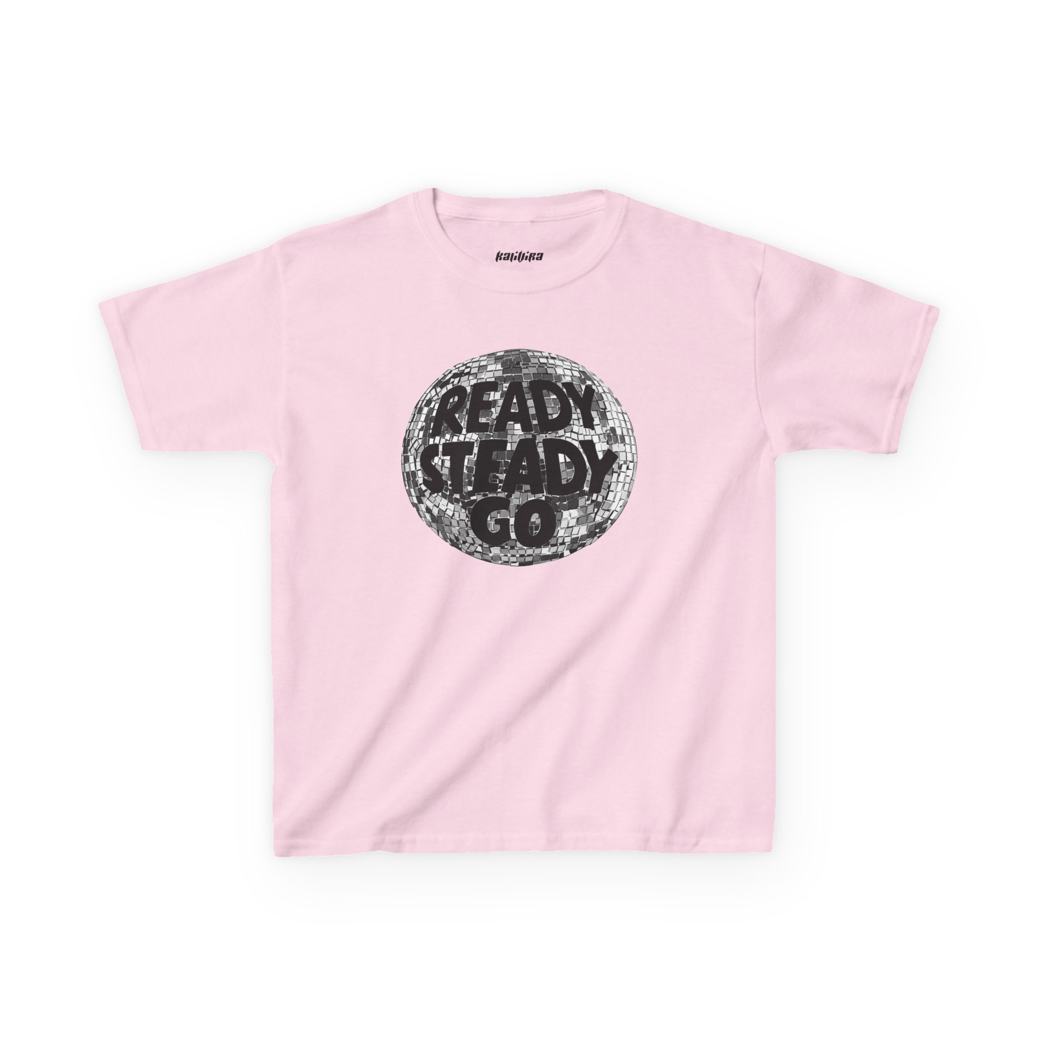 Light Pink Ready Steady Go women's baby tee featuring a mirrored disco ball and bold black typography