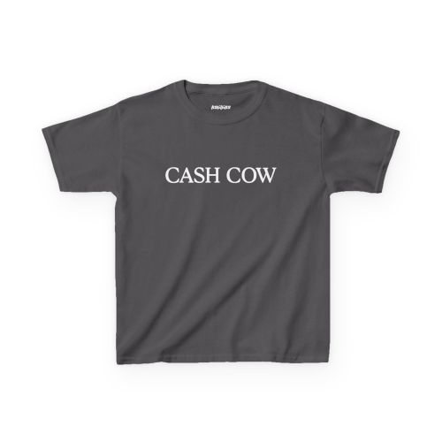 Charcoal Cash Cow baby tee with white uppercase serif lettering centered across the chest.