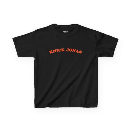 Black Knick Jonas baby tee with arched orange uppercase lettering across the chest.