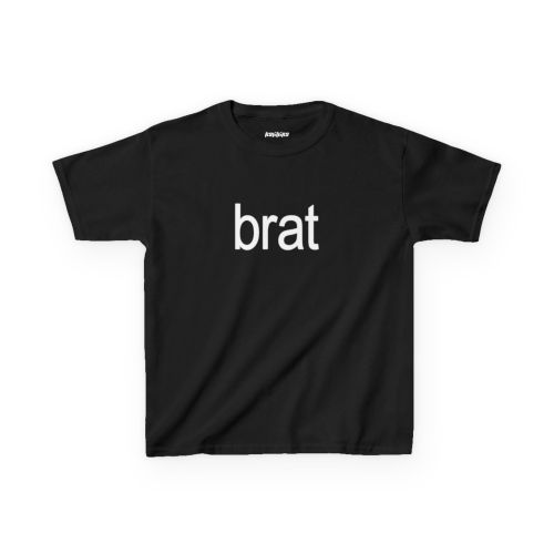 Brat Baby Tee in black with white lowercase brat lettering across the chest, inspired by Charli XCX’s album artwork.