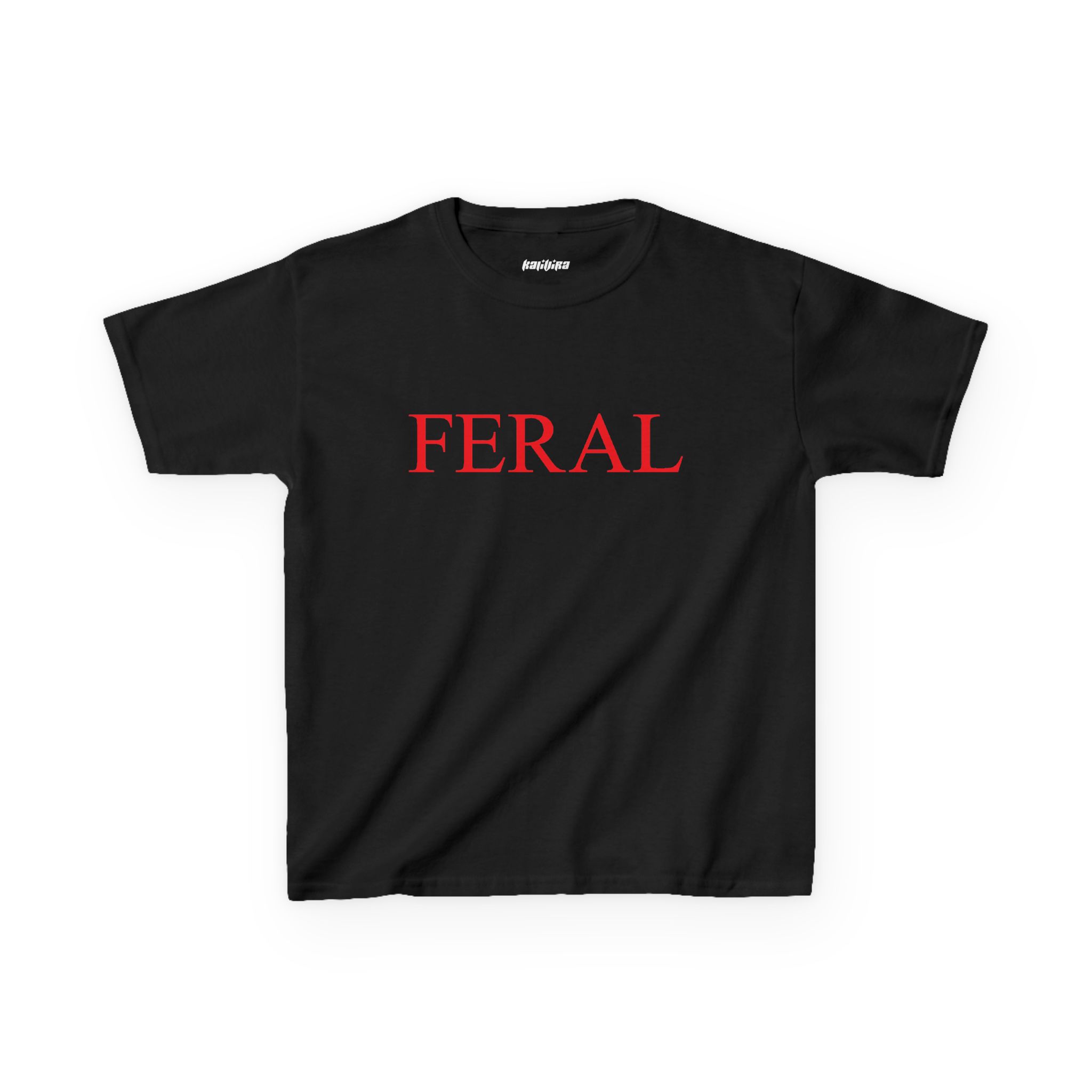 Black Feral baby tee with red uppercase serif lettering centered across the chest.