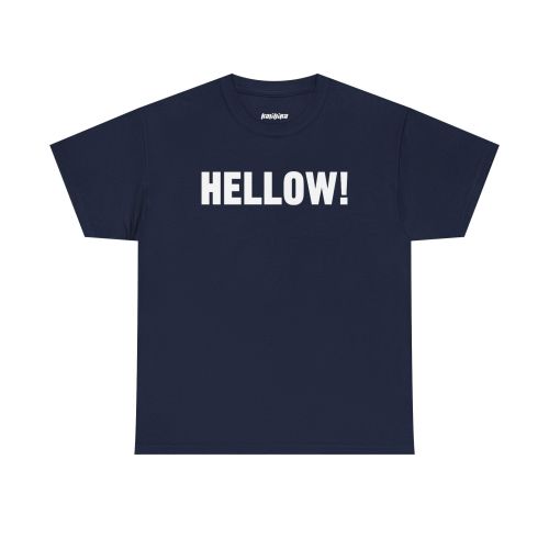 Navy Hellow! T-shirt with bold black uppercase HELLOW! lettering across the chest.