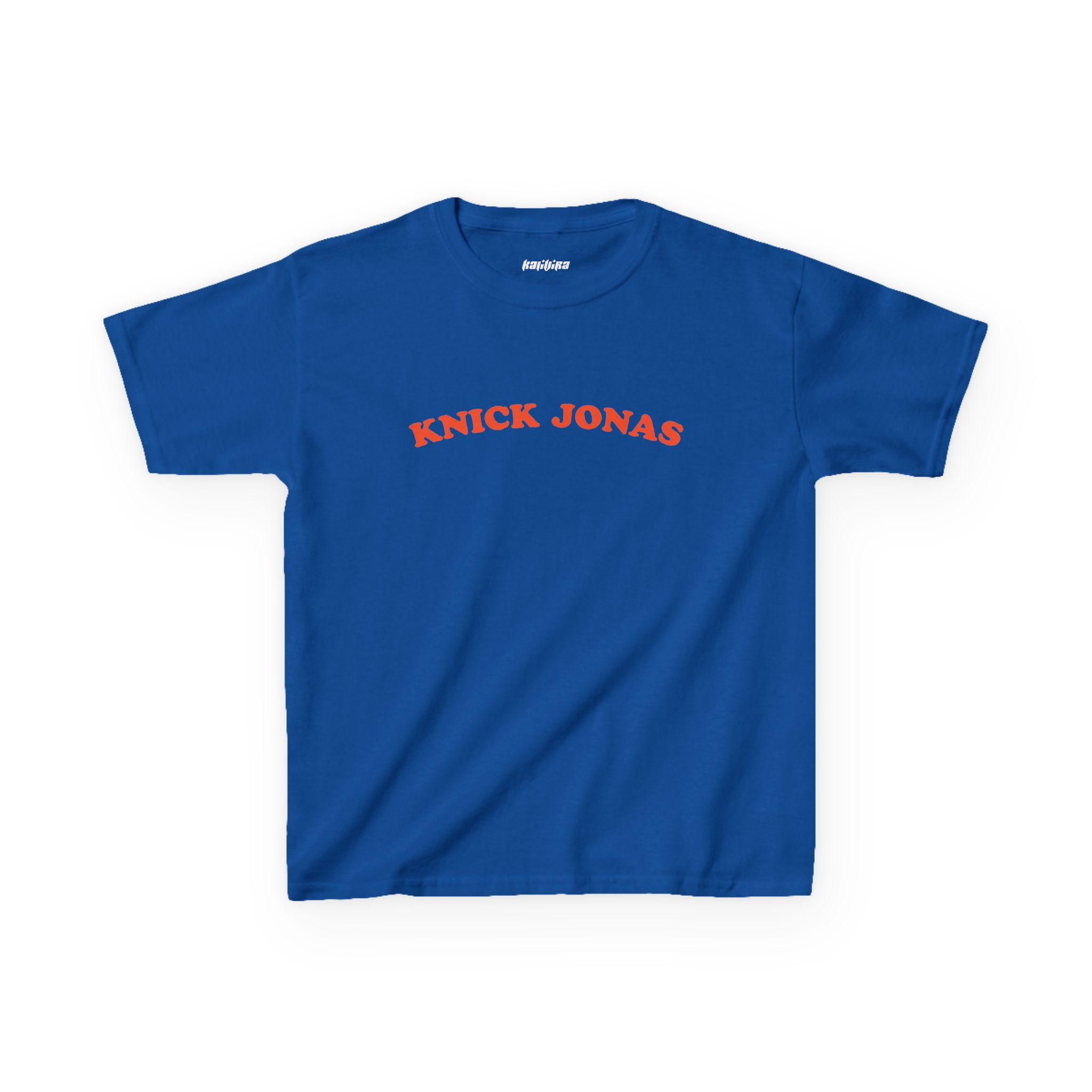 Royal blue Knick Jonas baby tee with arched orange uppercase lettering across the chest.