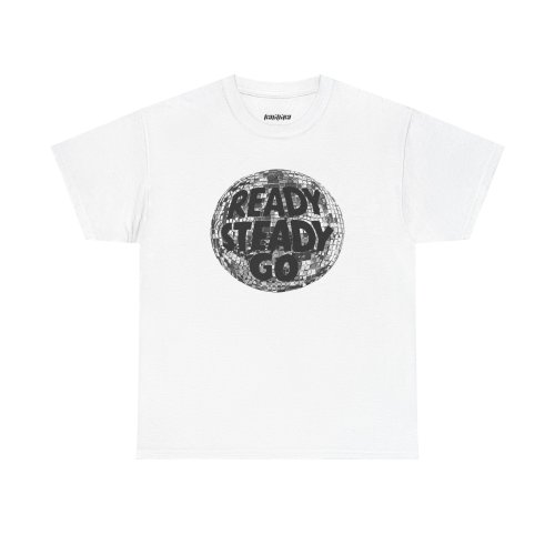 White Ready Steady Go Disco Ball Shirt featuring bold black typography across a mirrored disco ball graphic