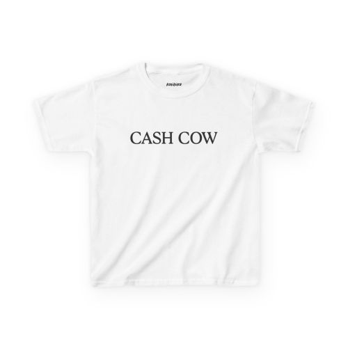White Cash Cow baby tee with white uppercase serif lettering centered across the chest.