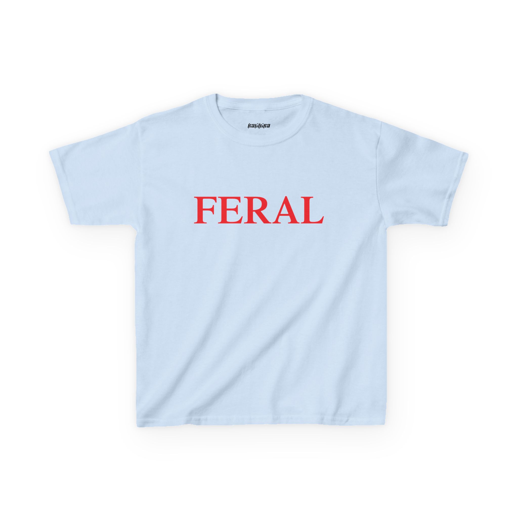 Light Blue Feral baby tee with red uppercase serif lettering centered across the chest.