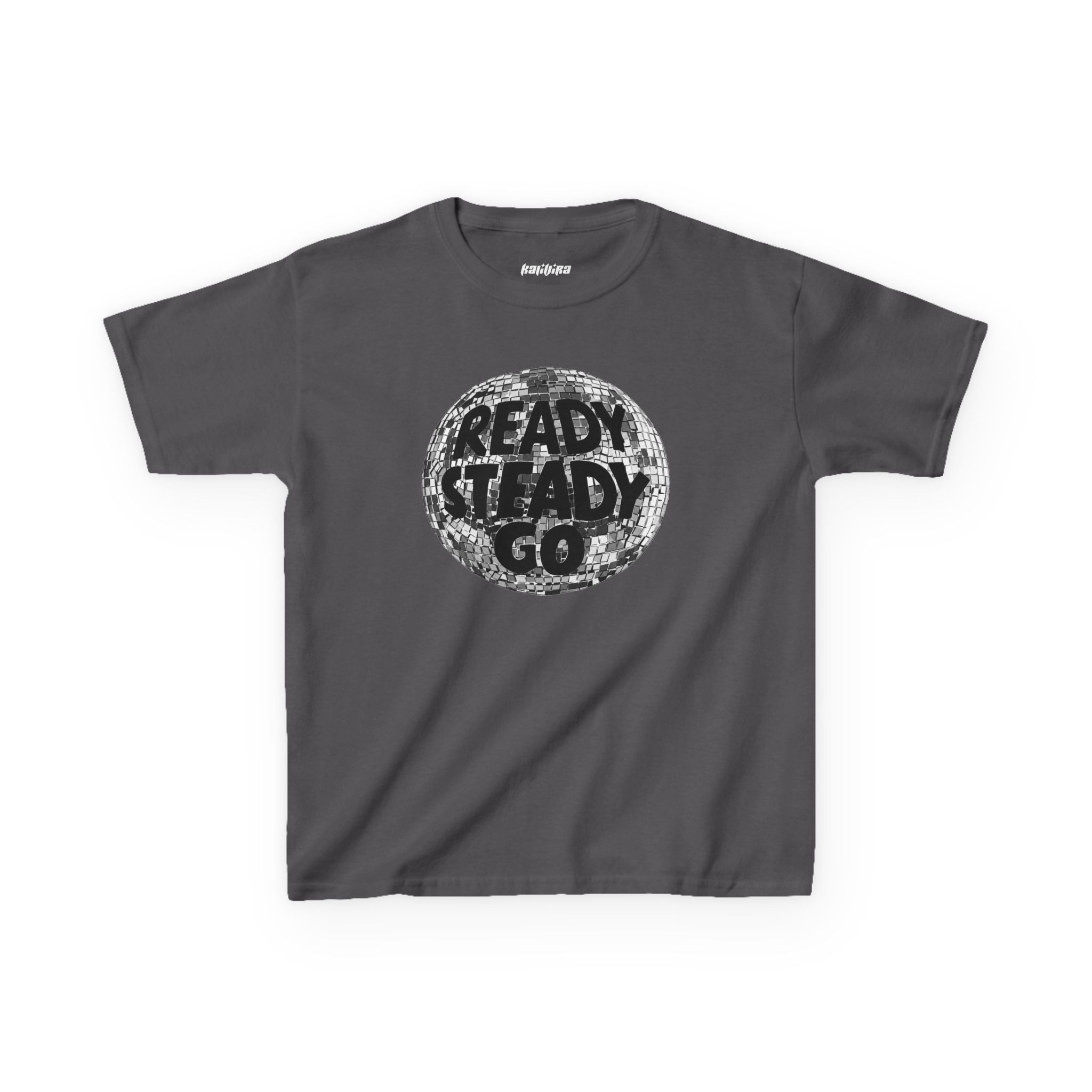 Charcoal Ready Steady Go women's baby tee featuring a mirrored disco ball and bold black typography