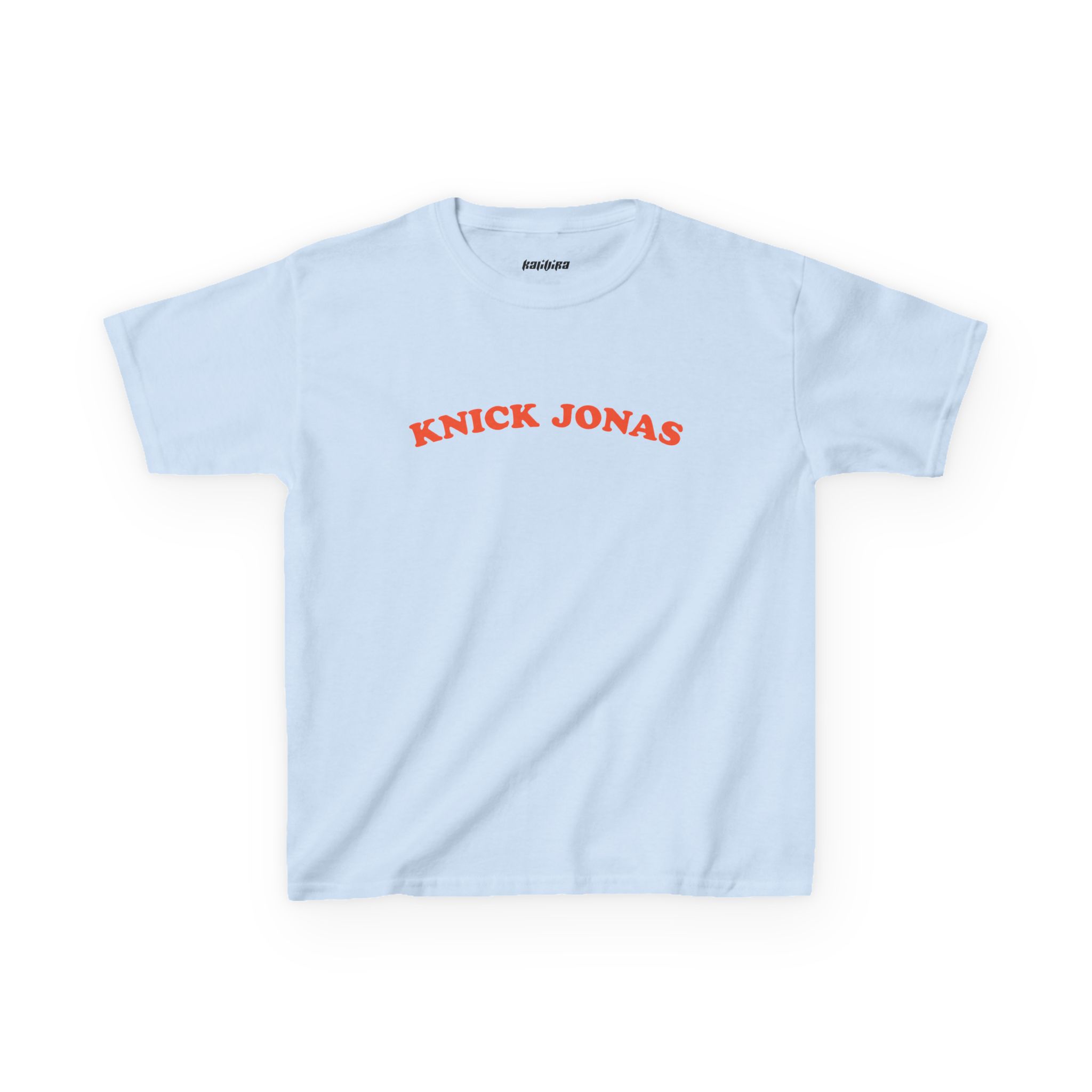 Light Blue Knick Jonas baby tee with arched orange uppercase lettering across the chest.