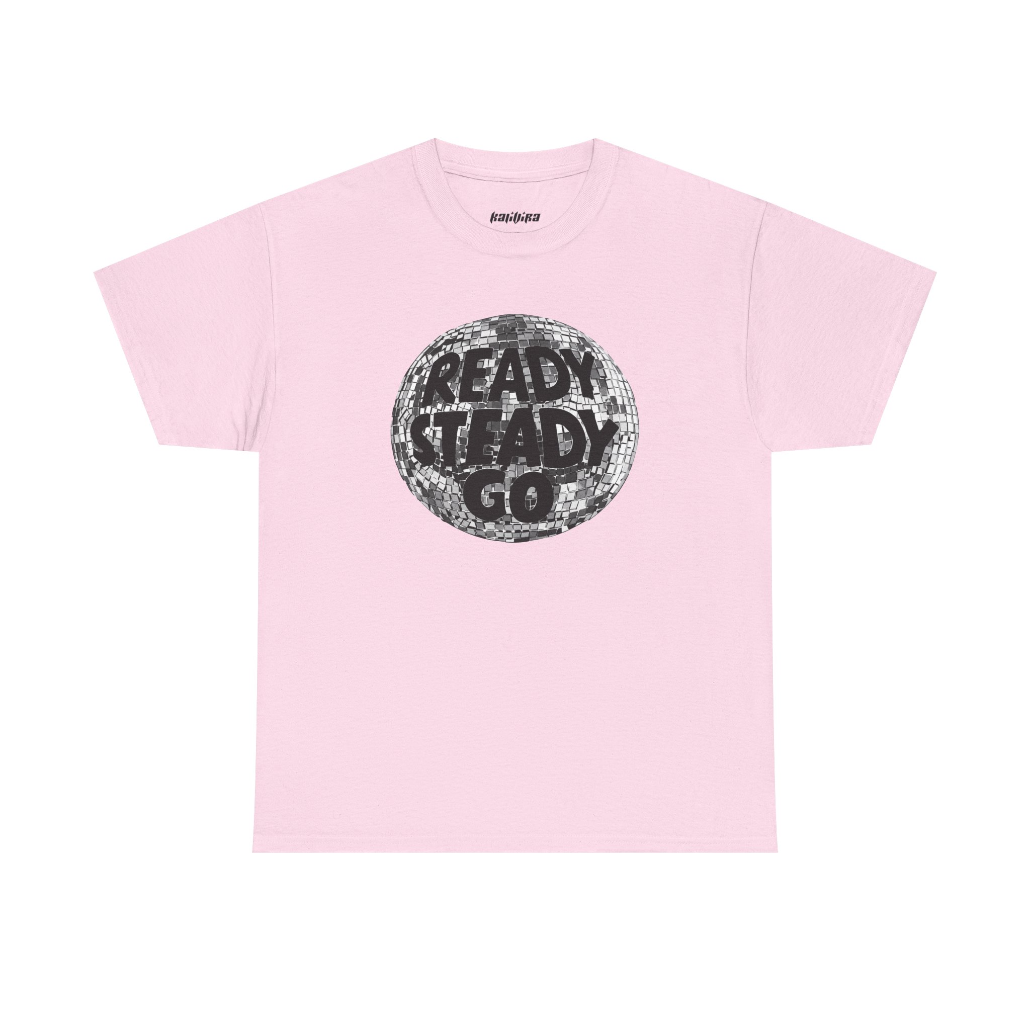 Light Pink Ready Steady Go Disco Ball Shirt featuring bold black typography across a mirrored disco ball graphic