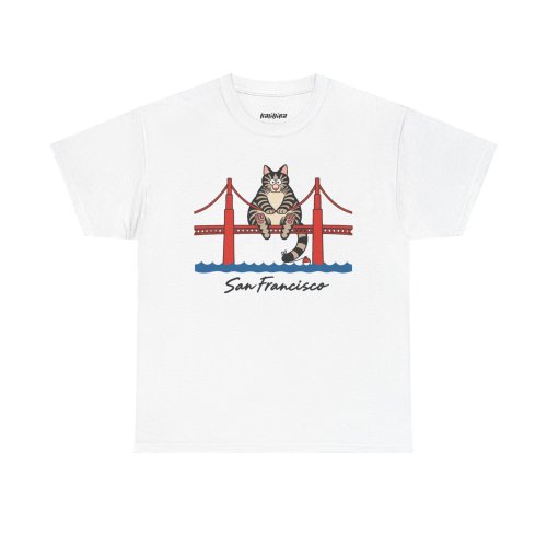 San Francisco Cat T-Shirt in white, featuring a striped cat on the red Golden Gate Bridge above blue waves and “San Francisco” lettering.