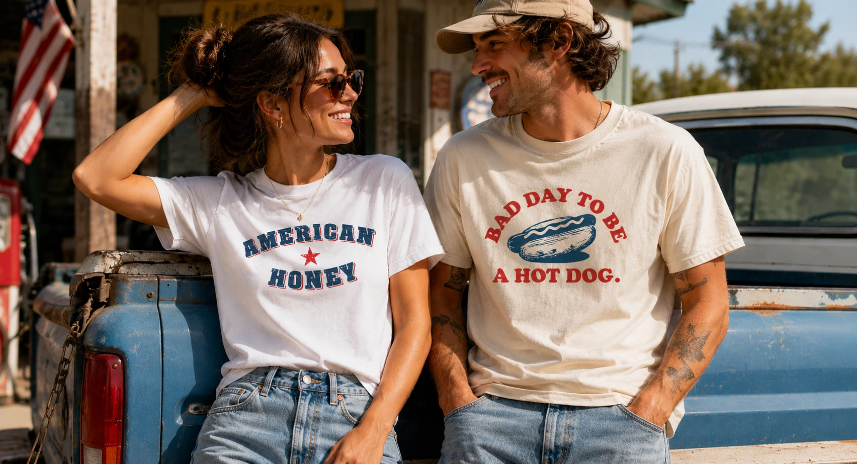 4th of July outfit ideas featuring retro America 250 graphic tees on a couple by a vintage truck