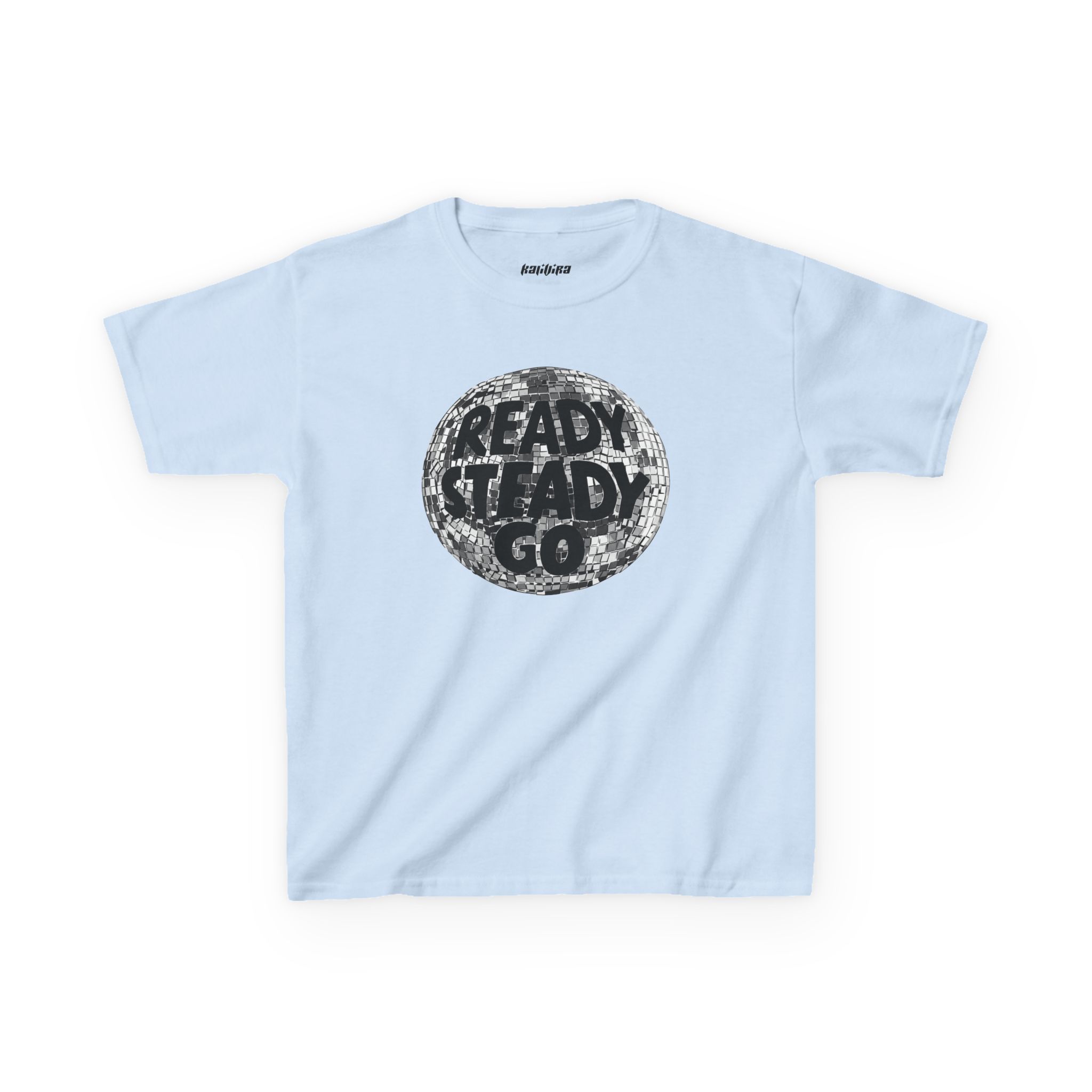 Light Blue Ready Steady Go women's baby tee featuring a mirrored disco ball and bold black typography