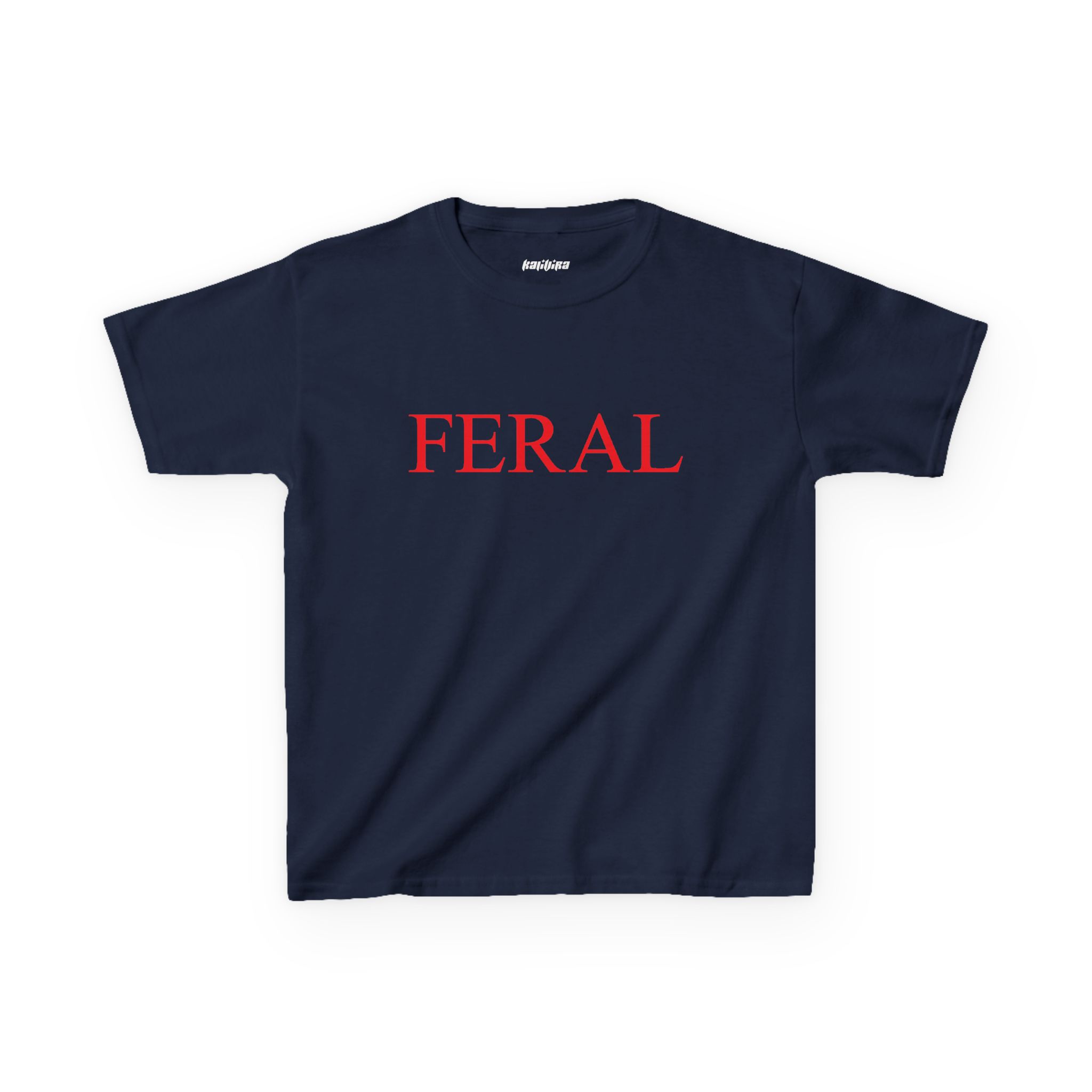 Navy Feral baby tee with red uppercase serif lettering centered across the chest.