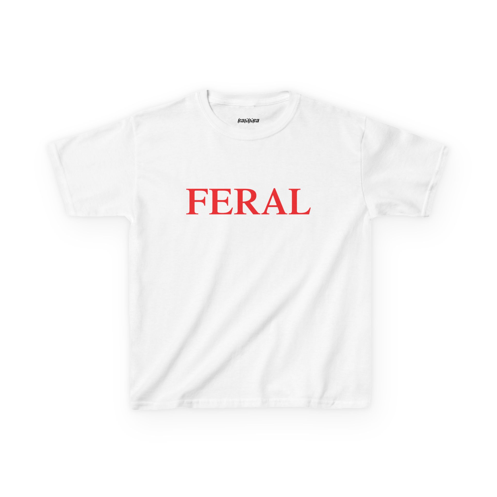 White Feral baby tee with red uppercase serif lettering centered across the chest.