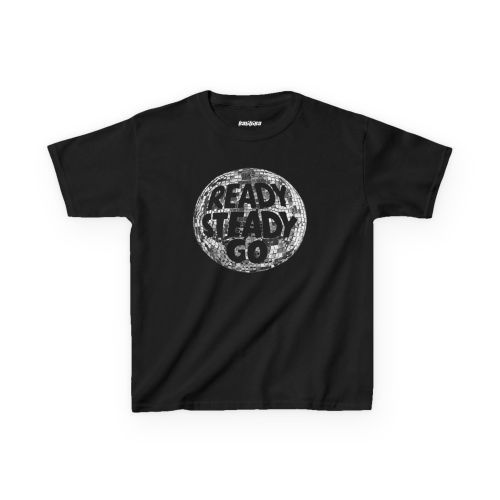 Black Ready Steady Go women's baby tee featuring a mirrored disco ball and bold black typography