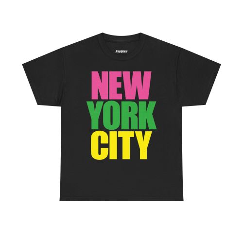 Black Glee New York City T-shirt with stacked pink NEW, green YORK, and yellow CITY lettering across the chest.