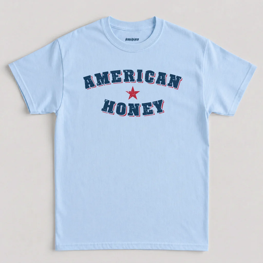 American Honey T-Shirt, Vintage Patriotic Country Music Graphic Tee in Light Blue Color