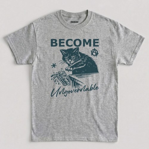 Become Ungovernable Cat t shirt featuring a mischievous cat knocking a glass off a table across the chest graphic design