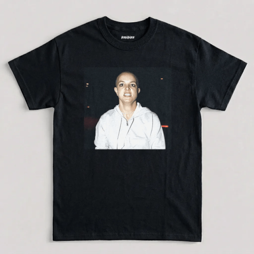 Britney Spears shaved head graphic t-shirt featuring iconic 2007 photo print on black cotton tee