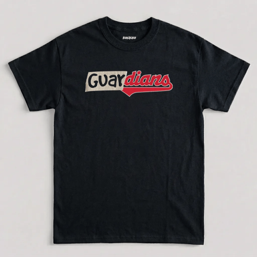 Black Cleveland Guardians shirt featuring a vintage Cleveland baseball typography graphic with retro cutout lettering and classic athletic script design Black Cleveland Guardians shirt featuring a vintage Cleveland baseball typography graphic with retro cutout lettering and classic athletic script design