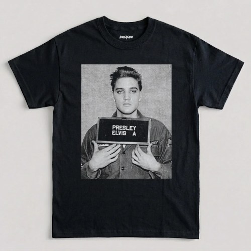 Black Elvis Presley t-shirt, iconic 1960 Army mugshot vintage graphic tee