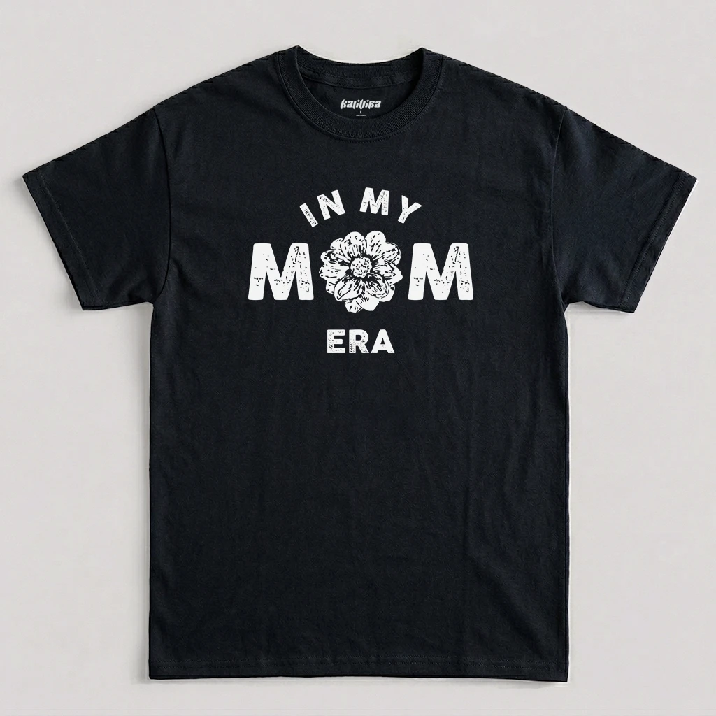 Black In My Mom Era T-Shirt featuring a white distressed floral graphic