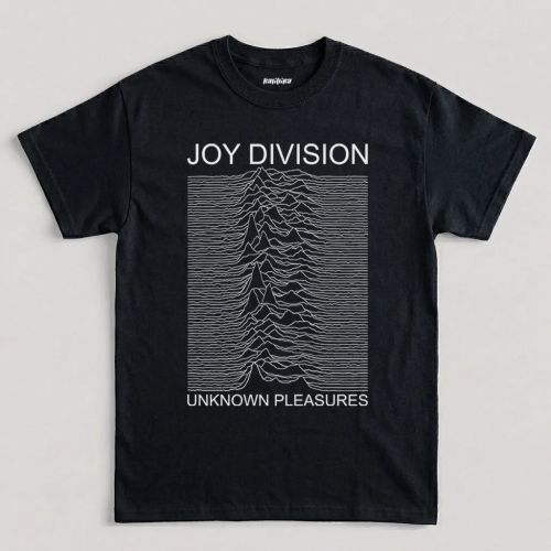 Joy Division Unknown Pleasures t shirt featuring pulsar radio wave album artwork and post-punk typography across the chest graphic design