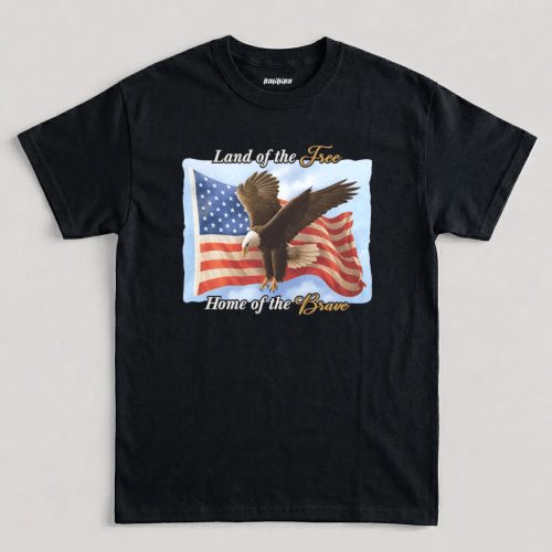 Land Of The Free Home Of The Brave t shirt featuring a soaring bald eagle and American flag across the chest graphic design