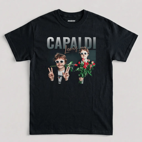 Lewis Capaldi Rose t shirt featuring 90s bootleg rap tee typography and rose photo print across the chest graphic design