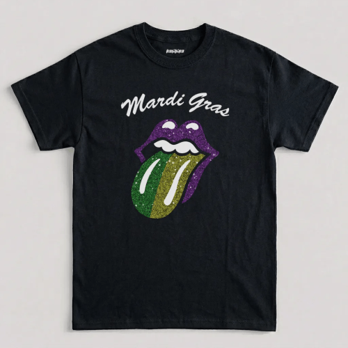 Mardi Gras Lips t shirt featuring purple green gold glitter artwork across the chest graphic design