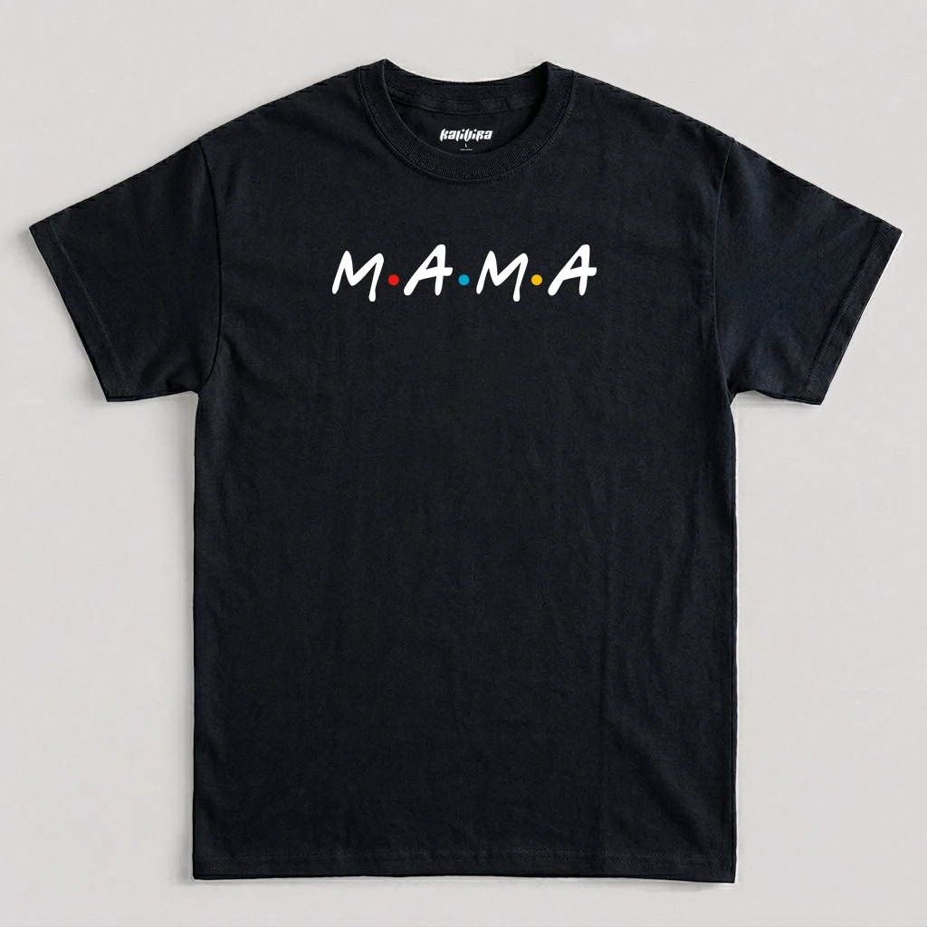 Black Mama T-shirt featuring white 90s sitcom style typography with colored dots