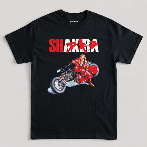 Black Shakira Akira Funny Graphic T-Shirt Shakira Akira funny graphic t-shirt featuring Shakira posed on Akira anime motorcycle parody design on black cotton tee