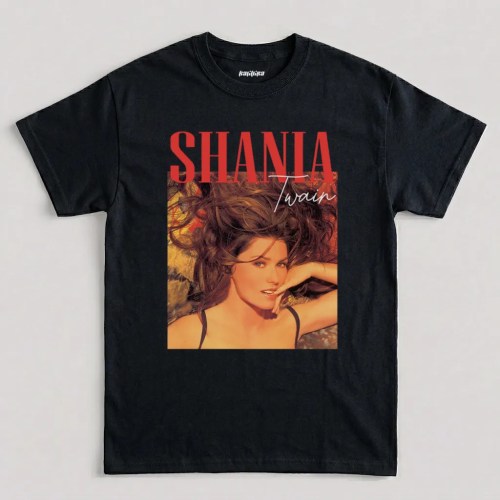 Shania Twain t shirt featuring a vintage 90s portrait with red typography graphic artwork