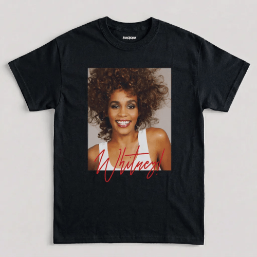 Whitney Houston shirt (Black) featuring vintage portrait graphic with elegant cursive signature design on retro R&B tribute t-shirt