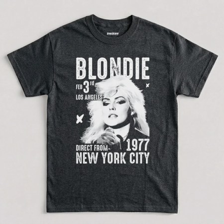 Blondie vintage graphic t-shirt featuring Debbie Harry 1977 concert poster design on dark heather cotton tee