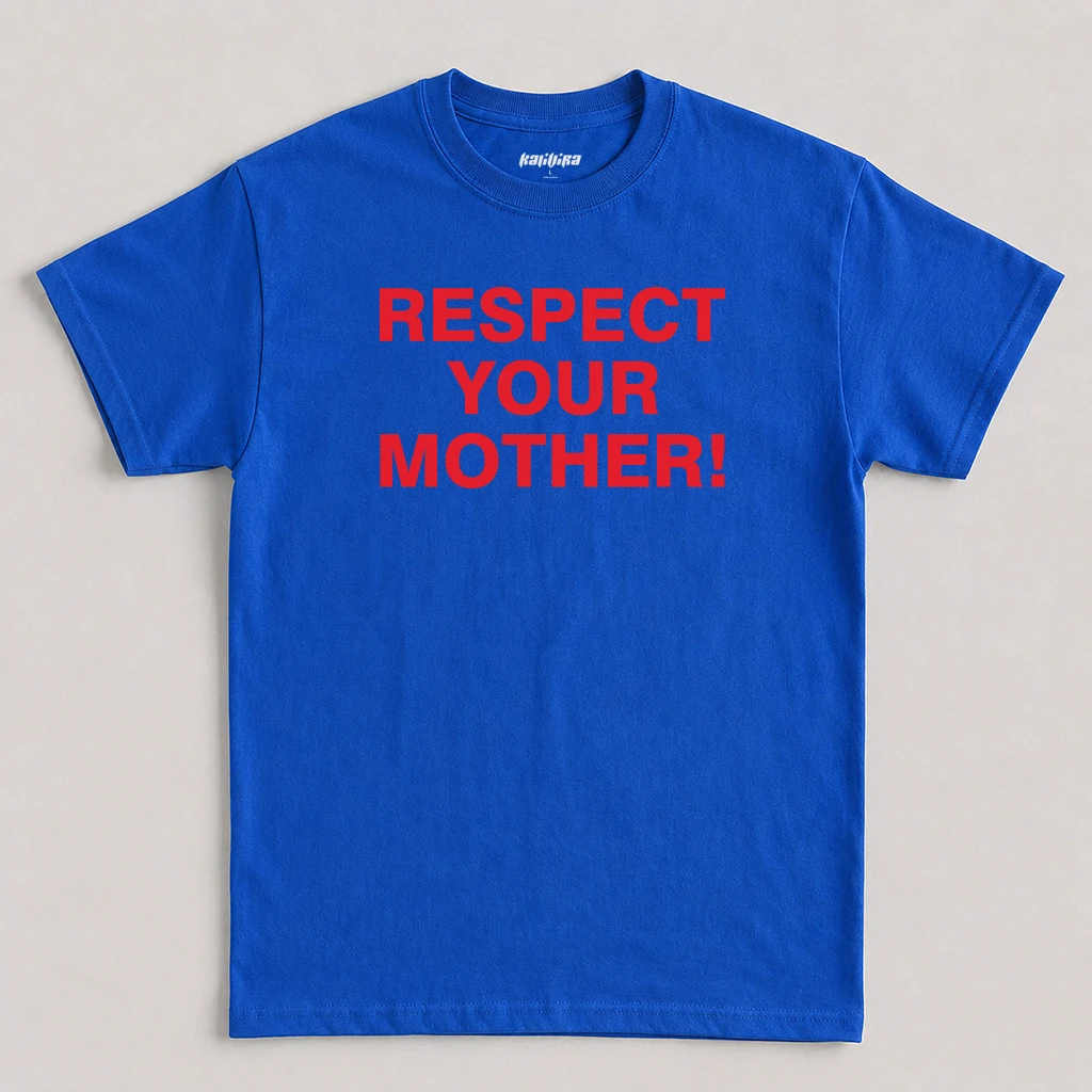 Blue Respect Your Mother T Shirt featuring red block typography and Harry Styles tour-inspired text