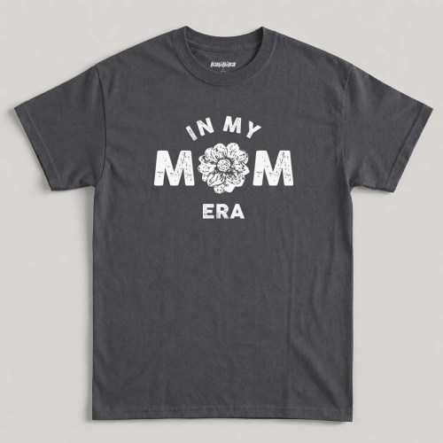 Charcoal In My Mom Era T-Shirt featuring a white distressed floral graphic