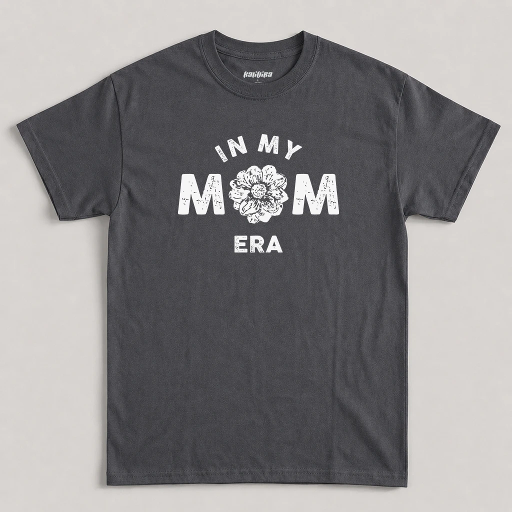 Charcoal In My Mom Era T-Shirt featuring a white distressed floral graphic