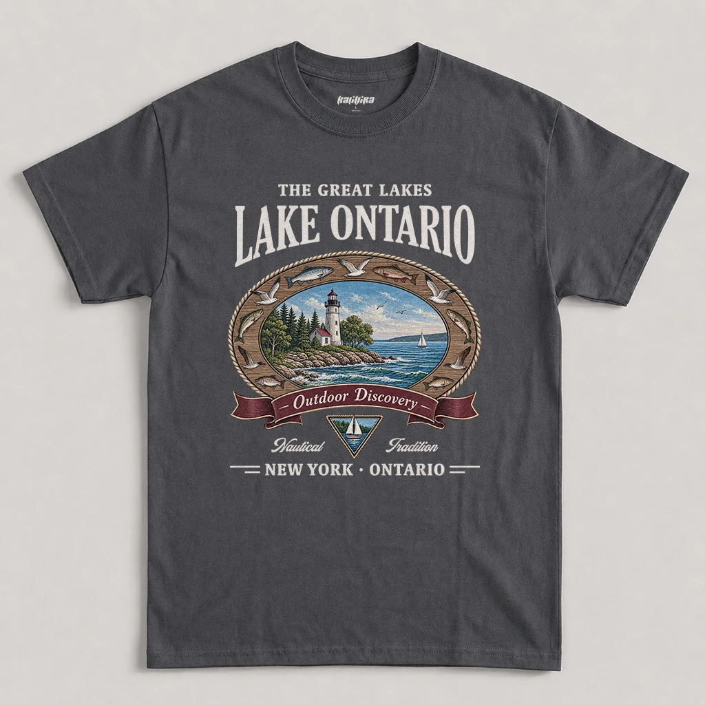 Charcoal Lake Ontario T-Shirt with a vintage lighthouse graphic, nautical rope frame, fish artwork, and New York Ontario text.