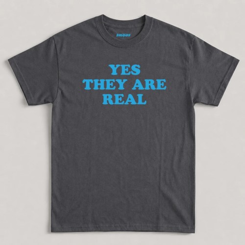 Charcoal Yes They Are Real T-Shirt featuring light blue retro typography