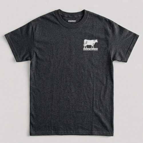 Goochland Cow Pocket Size t shirt featuring black cattle silhouette and town text on left chest graphic design