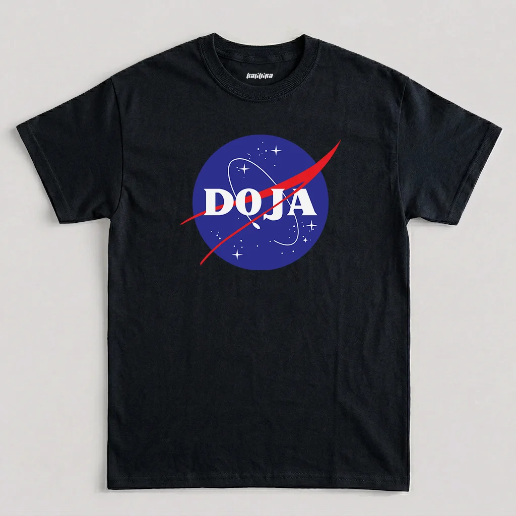 Black Doja Cat NASA T-shirt featuring a retro space logo parody graphic inspired by the iconic Planet Her era design