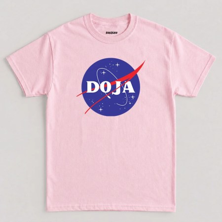 Pink Doja Cat NASA T-shirt featuring a retro space logo parody graphic inspired by the iconic Planet Her era design