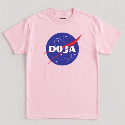 Pink Doja Cat NASA T-shirt featuring a retro space logo parody graphic inspired by the iconic Planet Her era design
