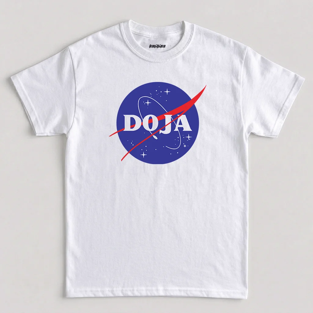 White Doja Cat NASA T-shirt featuring a retro space logo parody graphic inspired by the iconic Planet Her era design