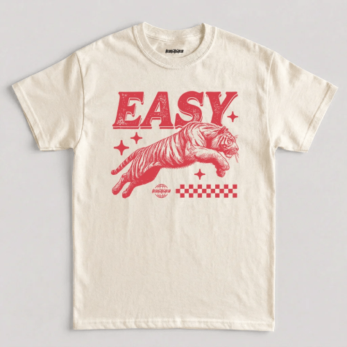 Easy Tiger t shirt featuring a retro red pouncing tiger illustration and star typography across the chest graphic design