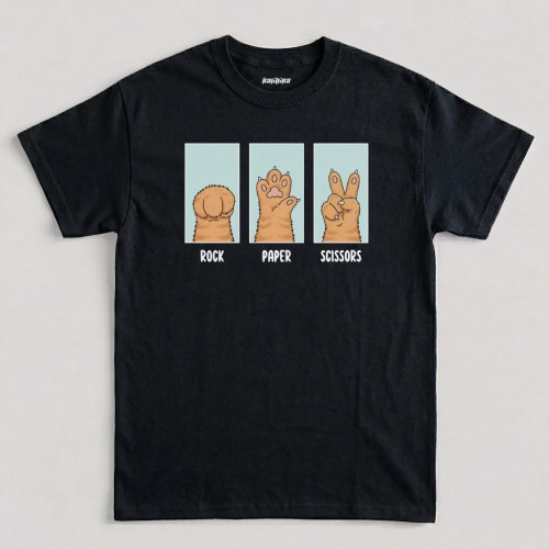 Funny Cat Paw Rock Paper Scissors Graphic T-Shirt in Black Color