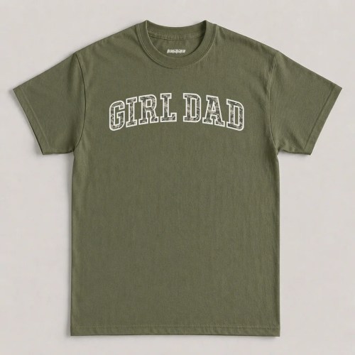 Military Green Girl Dad T-shirt with camo varsity lettering